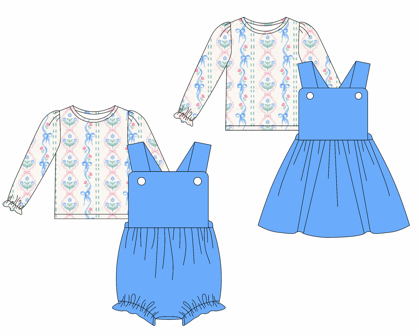 25.5.29 custom each style moq 5eta 4-6week Sibling Sisters bow floral blue baby girls short sleeve dress and short sleeve rompers and top 1 and top 2 match family design