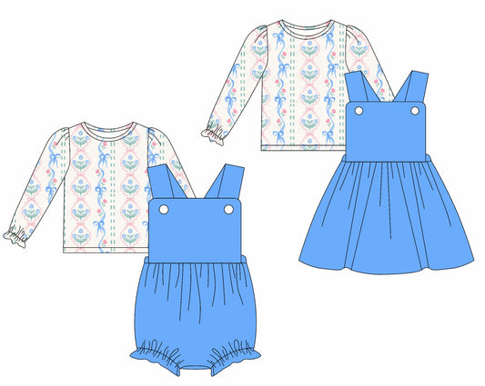 25.5.29 custom each style moq 5eta 4-6week Sibling Sisters bow floral blue baby girls short sleeve dress and short sleeve rompers and top 1 and top 2 match family design