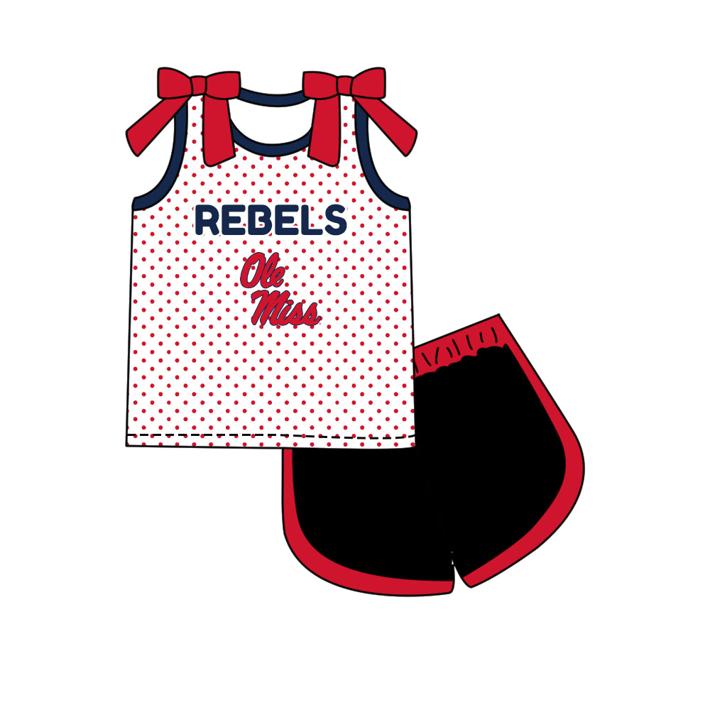 Custom moq 5 mix size summer teams Girls Polka Dot Top Shorts Set Red Bows Top Skirt Short Set Zipper Pullover Pants Set