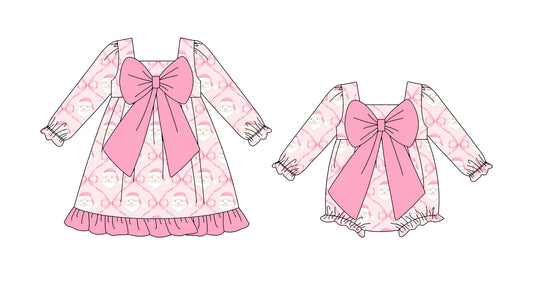 25.8.9 custom each style moq 5eta 4-6week Sibling Sisters Christmas bow pink baby girl long sleeve dress and rompers match family design