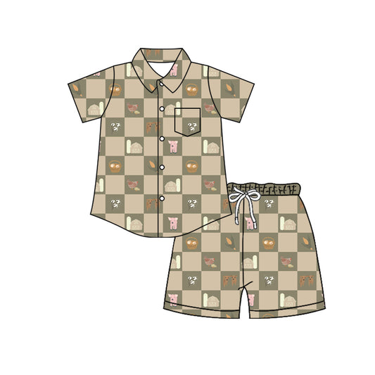 4.8 Custom moq 5 mix size Baby Boy Checked Short-Sleeved Button-Down Top with Pockets And Shorts Set