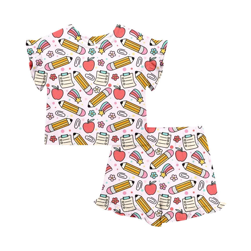 Custom moq 5 mix size Baby Girl's Back To School  Short-Sleeved Top And Shorts Set Cute Outfit