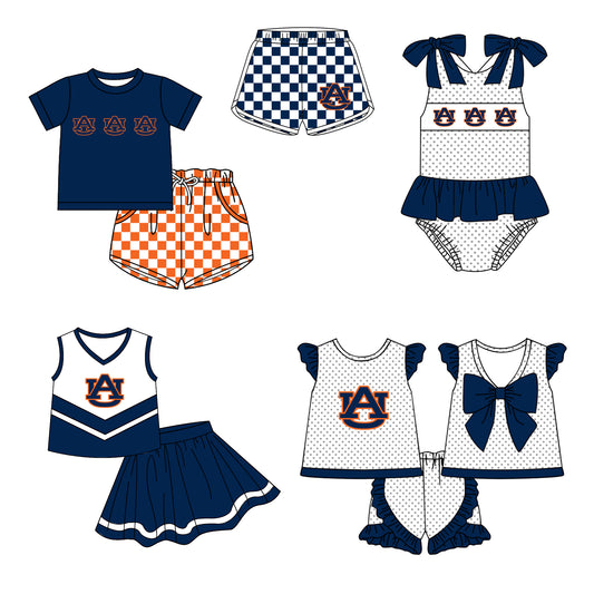 Custom moq 5 mix size milk silk summer teams Boy's Navy Blue Short-Sleeved Shirt And Plaid Shorts Set Girl's Two Short-Sleeved Outfits with Matching Swimsuits Adult Shorts