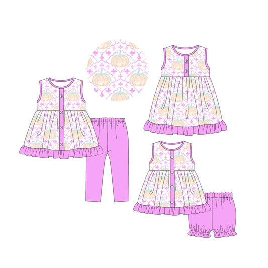 4.30 custom each style moq 5eta 4-6week Sibling Sisters pumpkin bow baby girl short sleeve shorts sets and pants sets and dress match family design