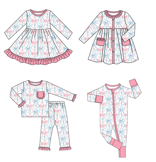 25.6.6 custom each style moq 5eta 4-6week Sibling Sisters Christmas bow baby girl long sleeve pants sets and romper and dress 1 and dress 2 match family design