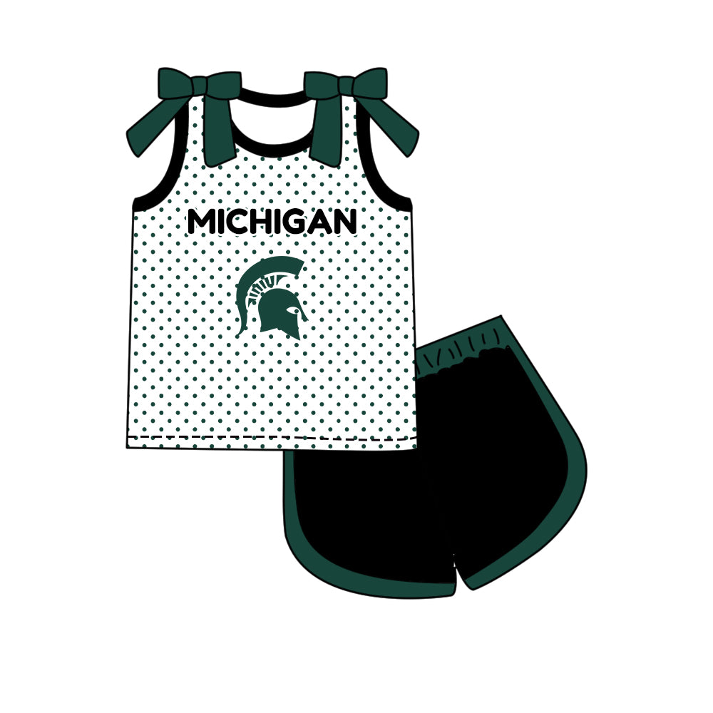 Custom moq 5 mix size summer teams Girls Green Polka Dot Top Shorts Set Bows Print Top Skirt Set Zipper Pullover Pants Set