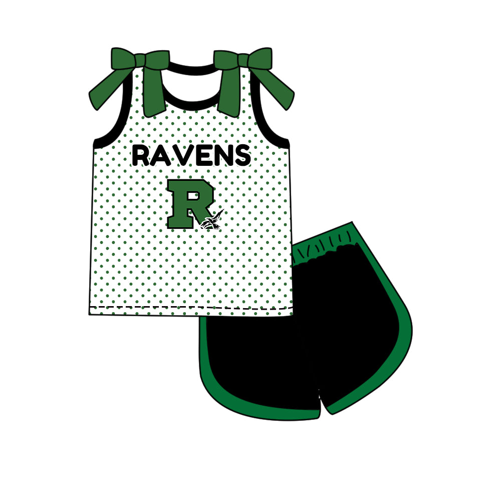 Custom moq 5 mix size summer teams Girls Green Polka Dot Top Shorts Set Top Skirt Short Set Zipper Pullover Pants Set