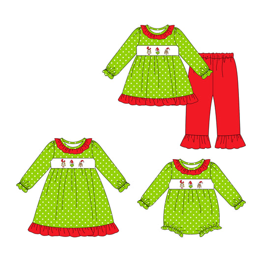 25.7.31 custom each style moq 5eta 4-6week Sibling Sisters Christmas green baby girl long sleeve pants sets and dress and rompers match family design
