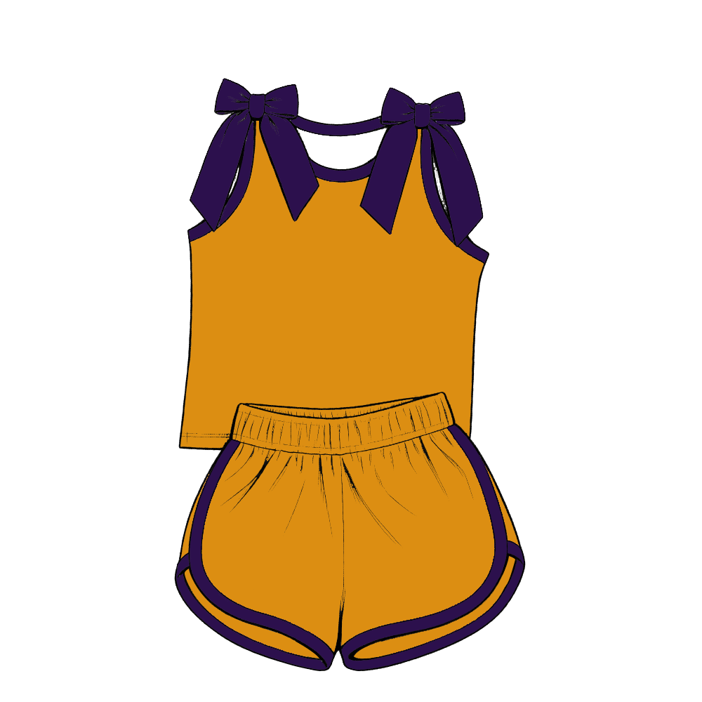 custom moq 5 mix size Baby Girls Purple Bow Sleeveless Yellow Top Shorts Summer Casual Clothes Set