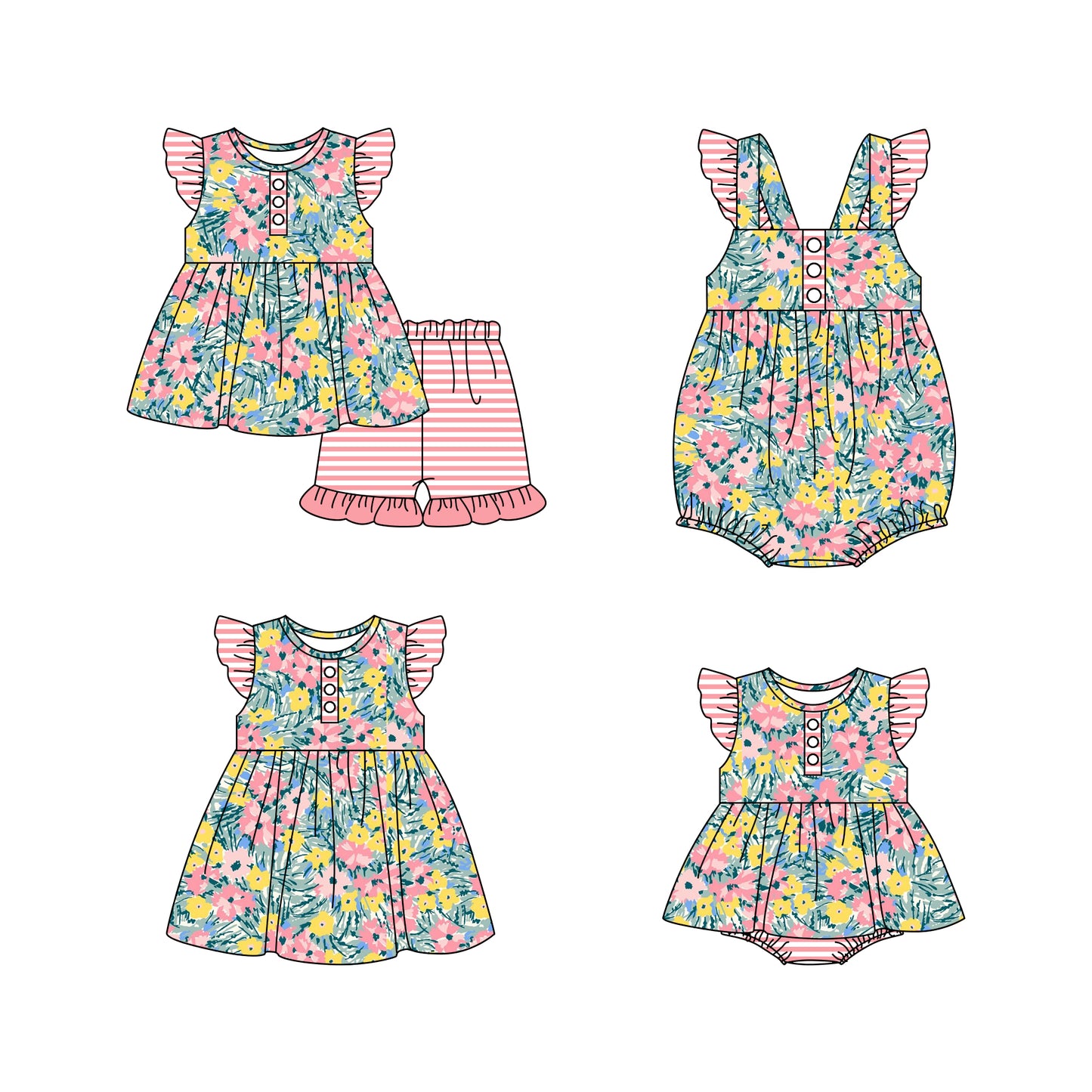 11.16 custom each style moq 5eta 4-6week Sibling Sister floral baby girl short sleeve shorts sets and girls romper and boy romper and dress match design