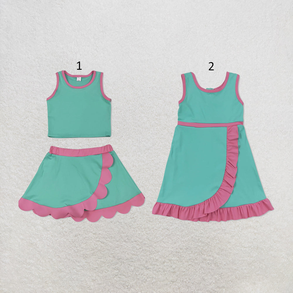 RTS NO MOQ Sibling cotton Baby Girls Pink Aqua Sleeveless Vest Scallop Skirt Yoga Active Set Short Knee Length Dress