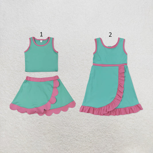 RTS NO MOQ Sibling yoga fabric cotton Baby Girls Pink Aqua Sleeveless Vest Scallop Skirt Yoga Active Set Short Knee Length Dress