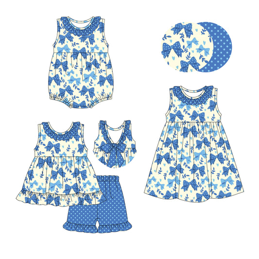 3.22 custom each style moq 5eta 4-6week Sibling Sisters bow baby girl short sleeve shorts sets and dress and rompers match family design