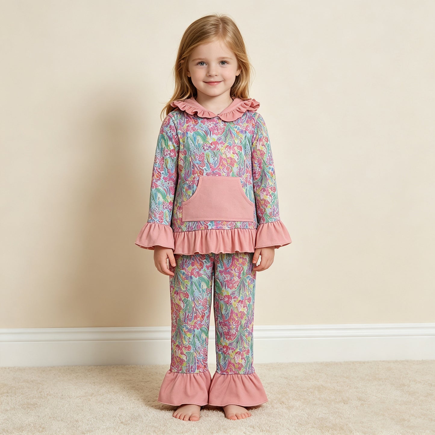 NEW RTS NO MOQ milk silk GLP3519 Baby Girls Sea Plants Pocket Ruffle Hoodie Top Pants Sets