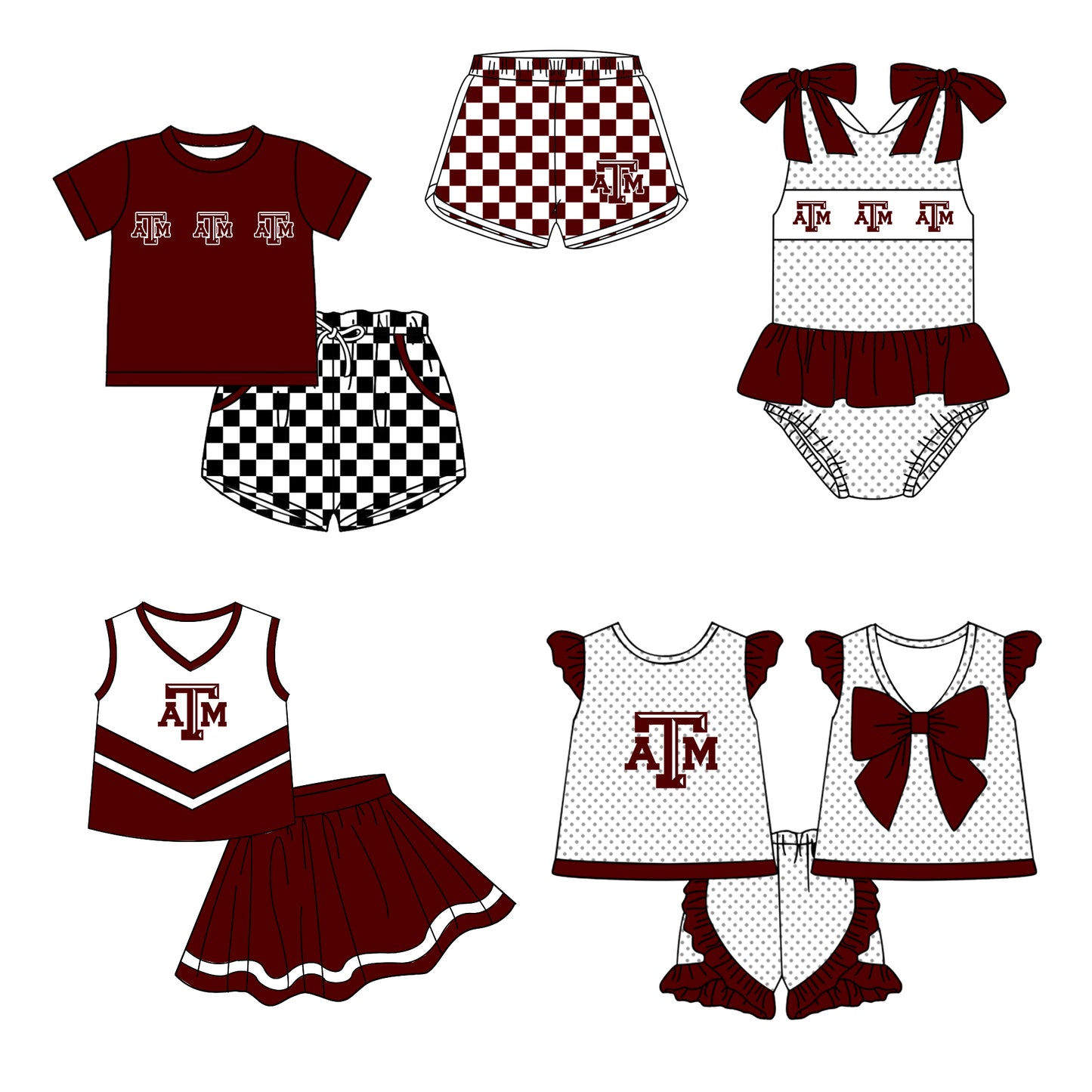 Custom moq 5 mix size milk silk summer teams Boy's Dark Red Short Sleeved Top Plaid Shorts Set Girl's Short-Sleeved Set with Matching Swimsuits Adult Shorts