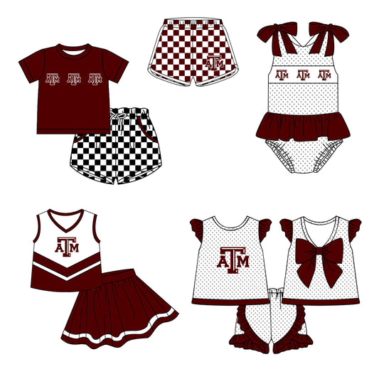 Custom moq 5 mix size milk silk summer teams Boy's Dark Red Short Sleeved Top Plaid Shorts Set Girl's Short-Sleeved Set with Matching Swimsuits Adult Shorts