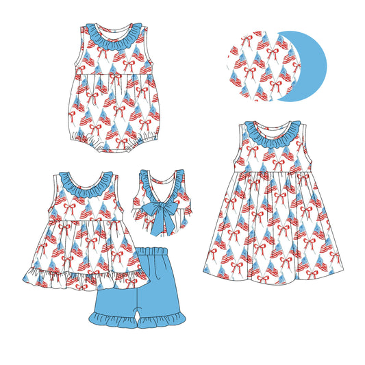 2.25 custom each style moq 5eta 4-6week Sibling Sisters flag bow baby girl short sleeve shorts sets and dress and rompers match family design