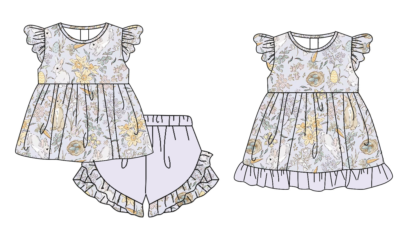 25.11.17 custom each style moq 5 eta 6-8week Sibling Sister bunny floral baby girl short sleeve shorts sets and dress match design
