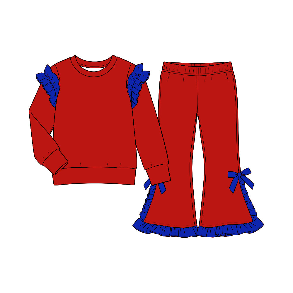 custom moq 5 mix size Baby Girls Red Ruffle Long Sleeve Top And Flare Pant With Bows Set
