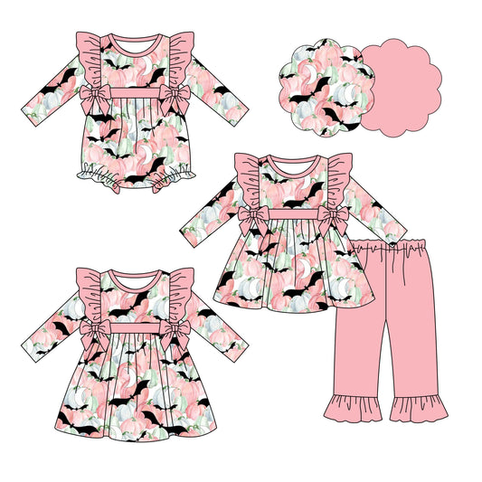25.6.14 custom each style moq 5eta 4-6week Sibling Sisters bat pumpkin baby girl long sleeve pants sets and dress and rompers match family design