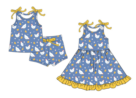 4.17 custom each style moq 5eta 4-6week Sibling Sister hen baby girl short sleeve shorts sets and dresses match design