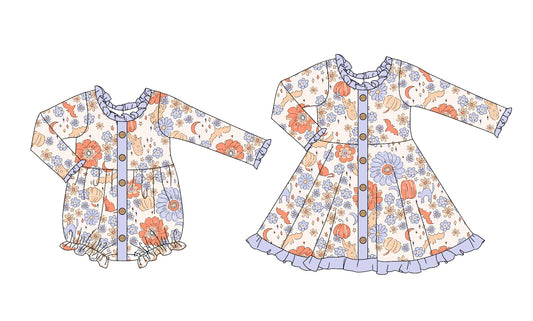 25.5.25 custom each style moq 5eta 4-6week Sibling Sisters pumpkin floral baby girl long sleeve dress and rompers match family design