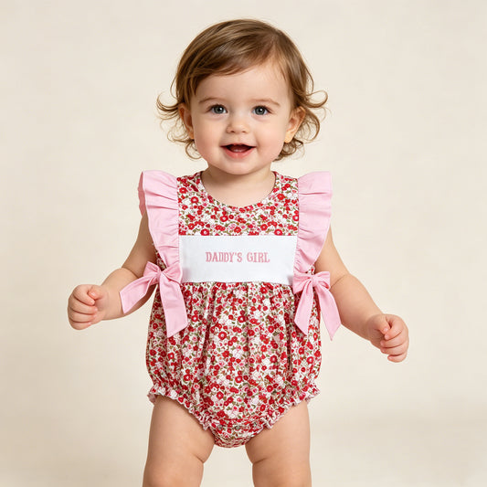 RTS NO MOQ SR3940 Daddy's Girls Embroidered Rompers with Flutter Sleeves Flowers Bows Ruffle Cute Baby Girl Outfit