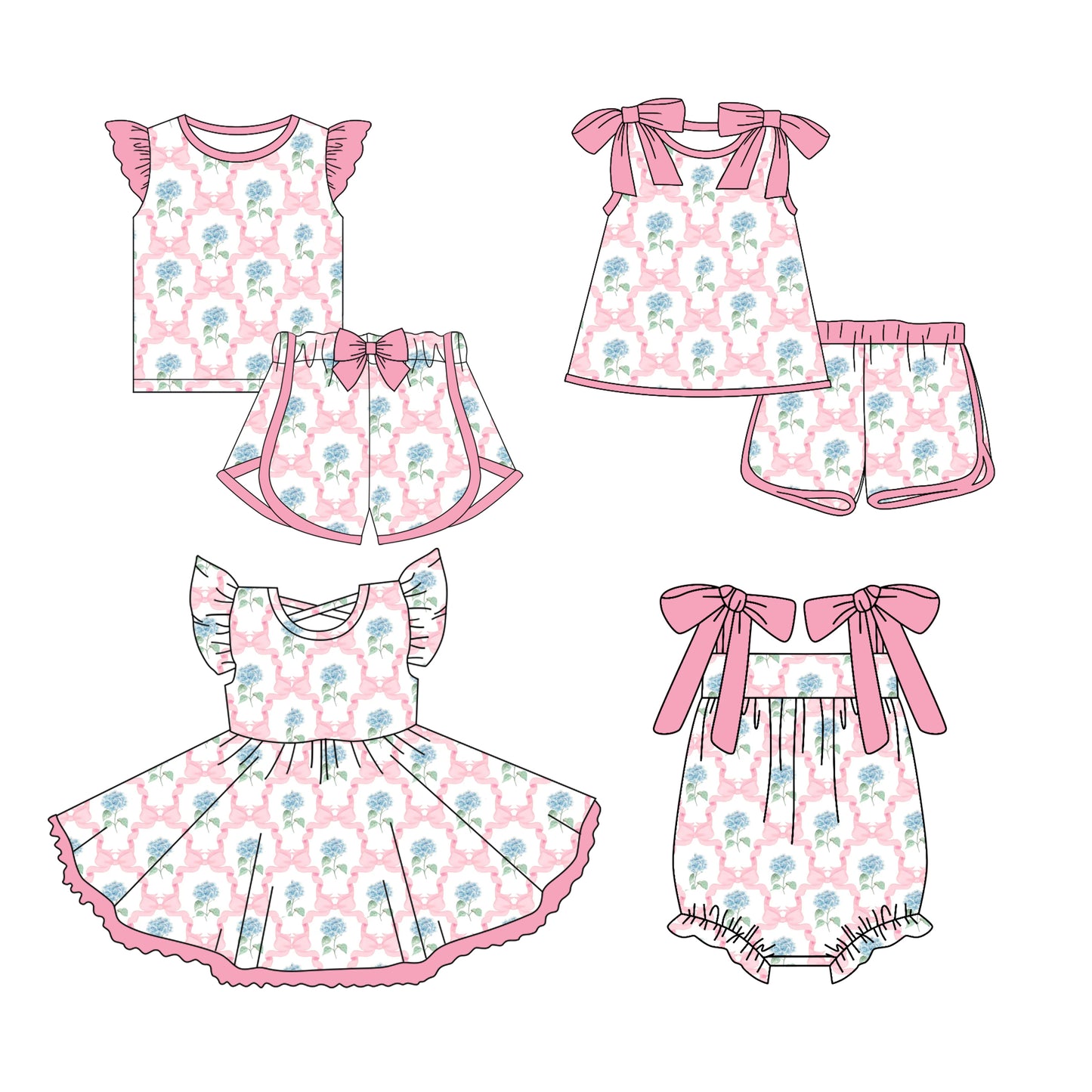 3.13 custom each style moq 5eta 4-6week Sibling Sister floral bow baby girls short sleeve set and set 2 and dress and romper match design
