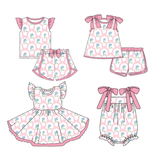 3.13 custom each style moq 5eta 4-6week Sibling Sister floral bow baby girls short sleeve set and set 2 and dress and romper match design