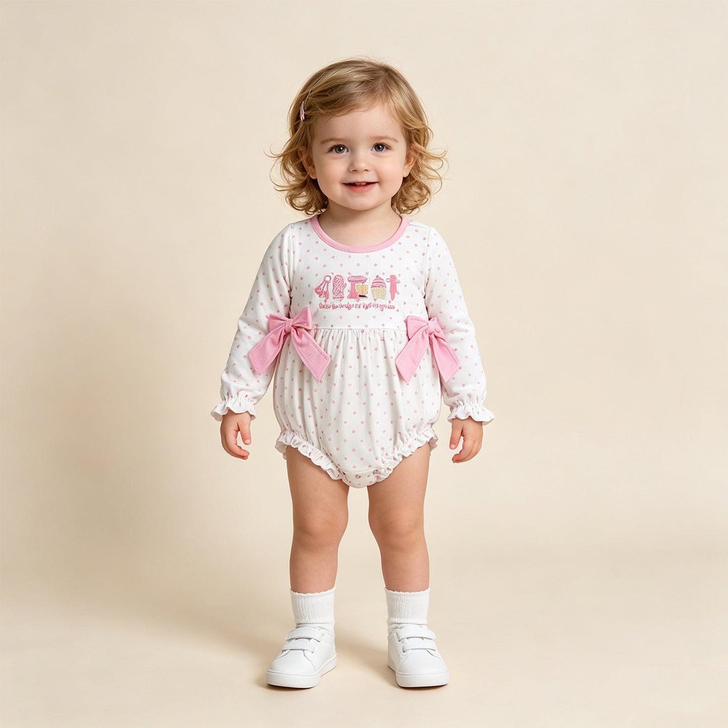 RTS NO MOQ milk silk LR2947 Pink Polka Dots Embroidery Cake Baby Girls Birthday Ruffle Rompers