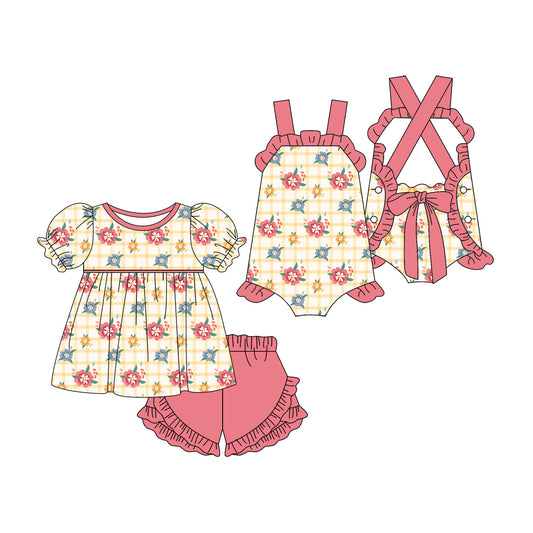 3.23 Custom moq 5 mix size Sibling Baby Girl's Checked Short Sleeves Top And Ruffle Short Set Cute Romper for Summer