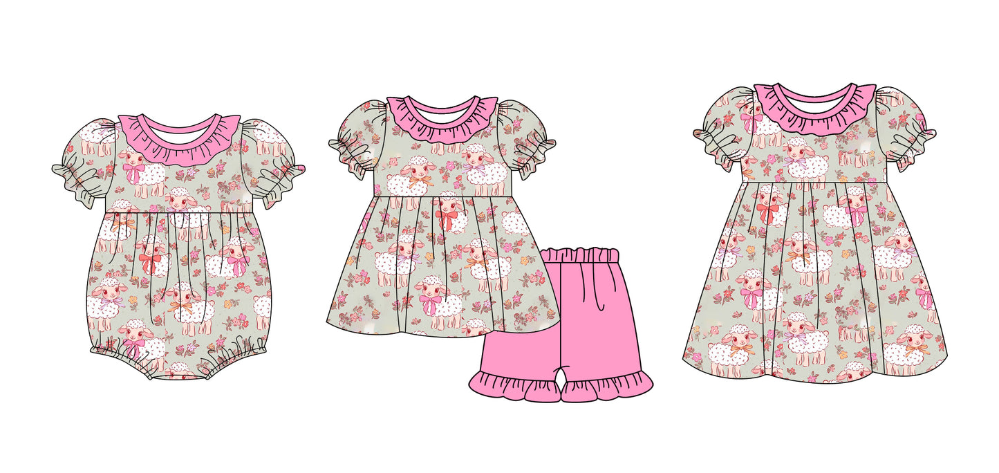 12.18 custom each style moq 5eta 4-6week Sibling Sister sheep baby girl short sleeve shorts sets and dress and rompers match family design