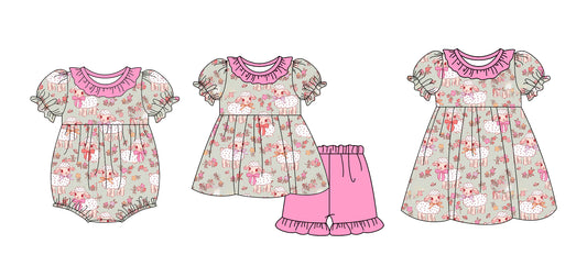 12.18 custom each style moq 5eta 4-6week Sibling Sister sheep baby girl short sleeve shorts sets and dress and rompers match family design