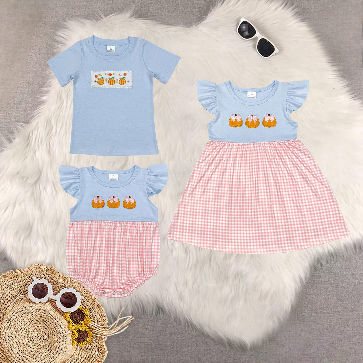 RTS Sibling Boys and girls Embroidered halloween pumpkin Short Sleeve dress rompers top