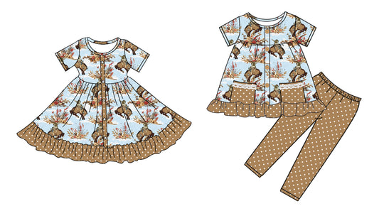 5.6 custom each style moq 5eta 4-6week Sibling Sister riding horse baby girl pants sets and dress match family design