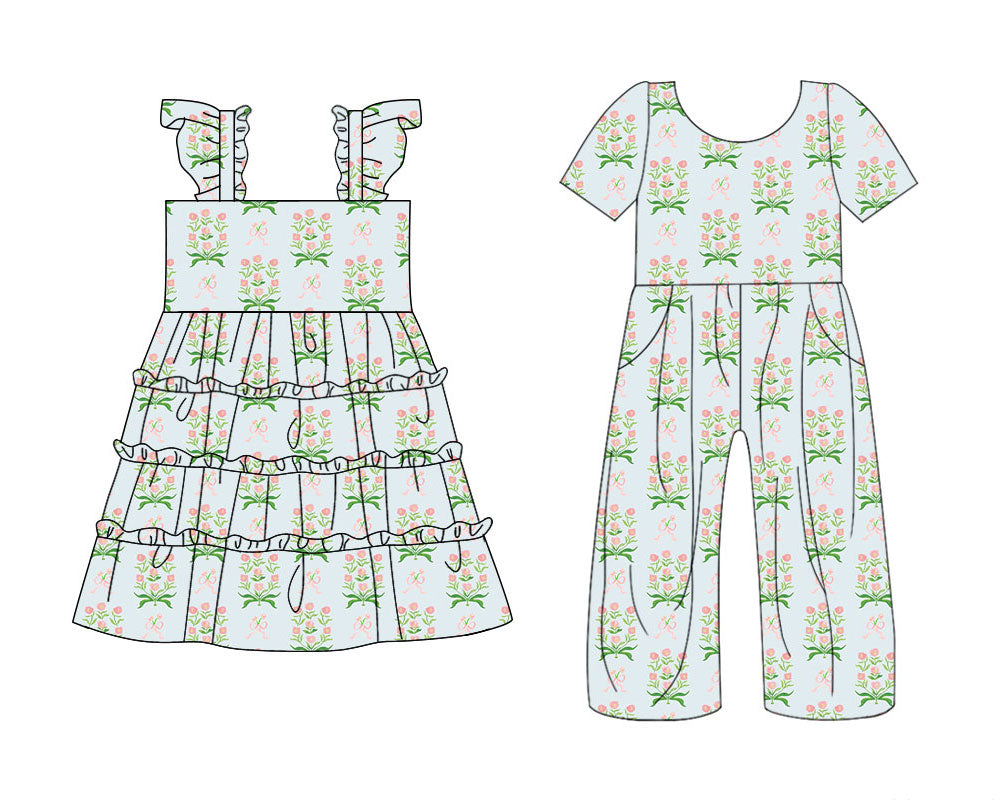 25.10.22 custom each style moq 5 eta 6-8week Sibling Sisters bow floral baby girl long sleeve dress and jumpsuit match family design
