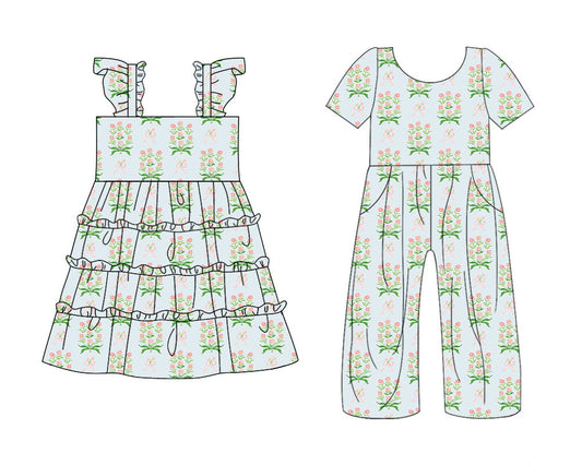 25.10.22 custom each style moq 5 eta 6-8week Sibling Sisters bow floral baby girl long sleeve dress and jumpsuit match family design