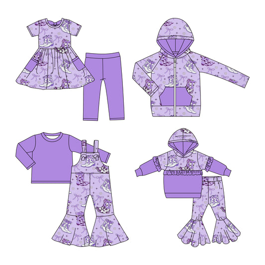 25.11.7 custom each style moq 5 eta 6-8week Sibling Sisters boot bow purple baby girl hooded long sleeve pants sets and top and and short pants sets and jumpsuit set match family design