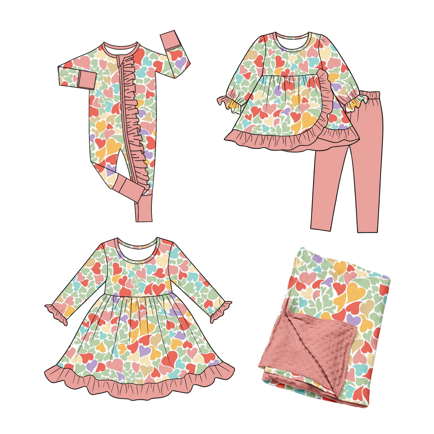 (Preorder new) No moq Baby Girls Colorful Hearts Print Long Sleeve Top And Pants Valentines Set Rompers Dress Blankets