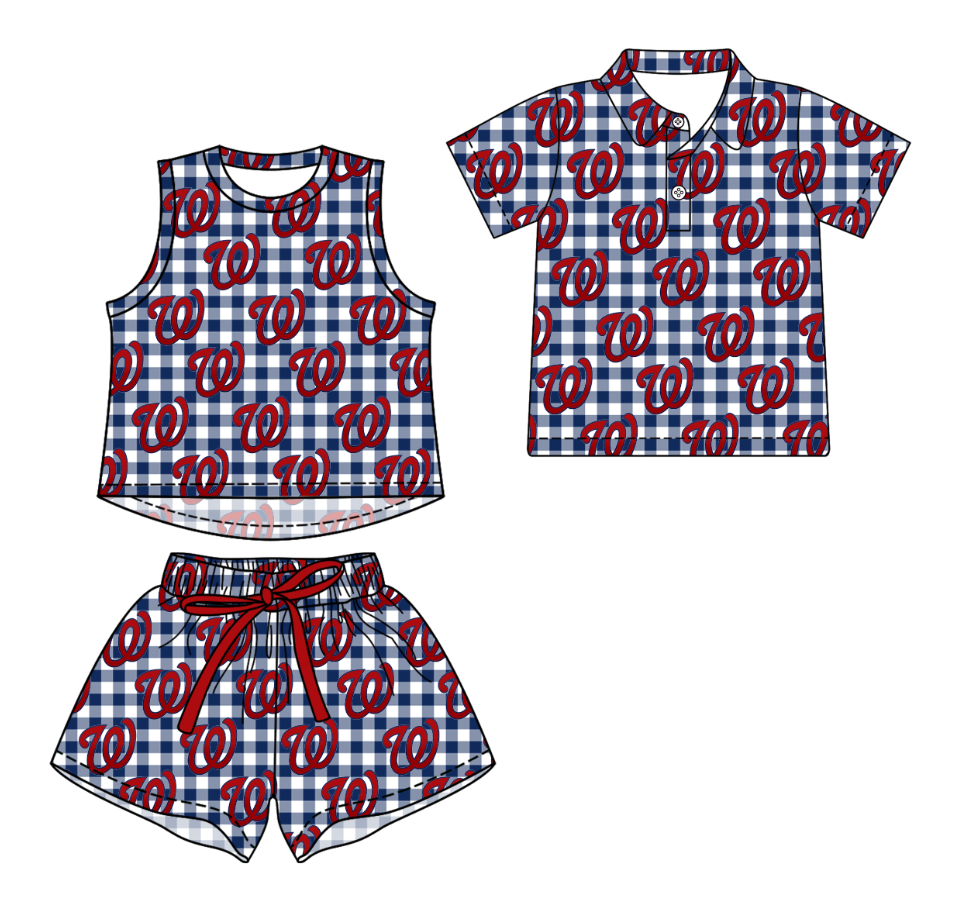 Custom moq 5 mix size milk silk summer teams Navy Blue Checked Girls Sleeveless Top And Short Sets Boys Short Sleeve Button Polo Shirt Top