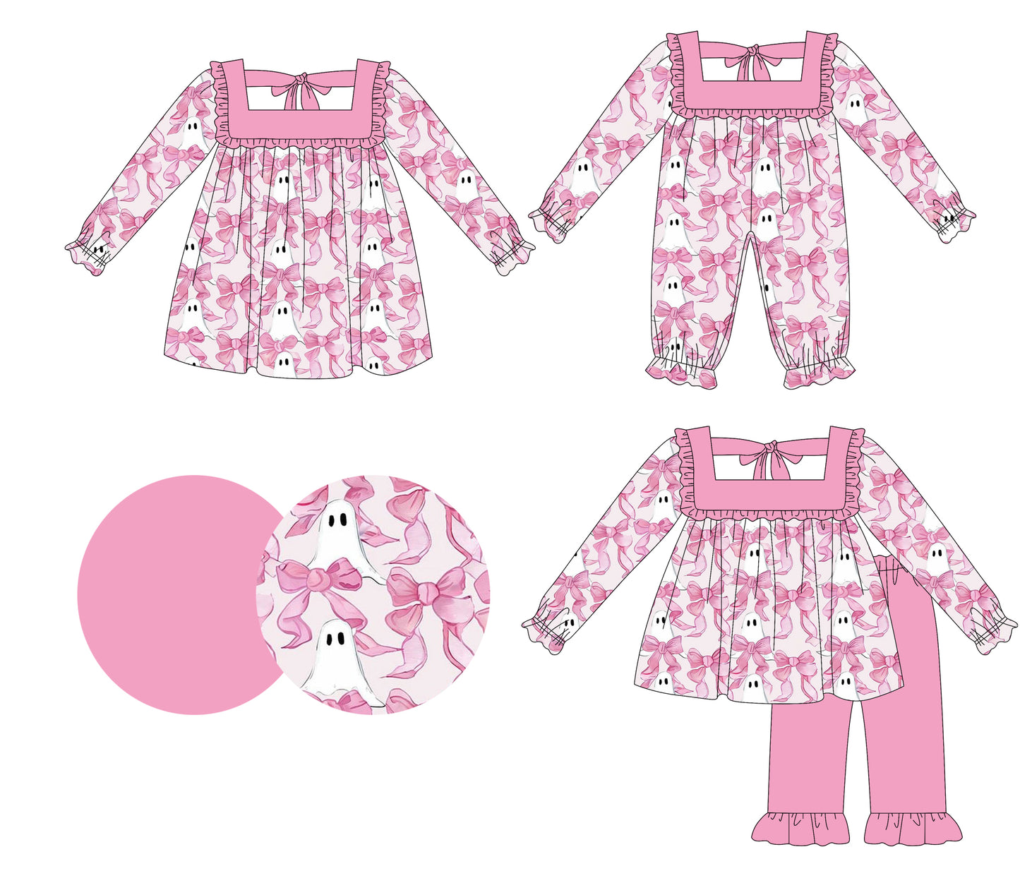 25.5.16 custom each style moq 5eta 4-6week Sibling Sisters ghost bow baby girl long sleeve pants sets and dress and rompers match family design