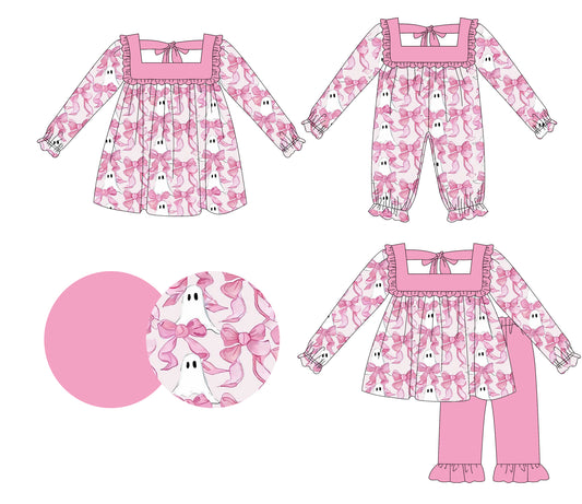 25.5.16 custom each style moq 5eta 4-6week Sibling Sisters ghost bow baby girl long sleeve pants sets and dress and rompers match family design
