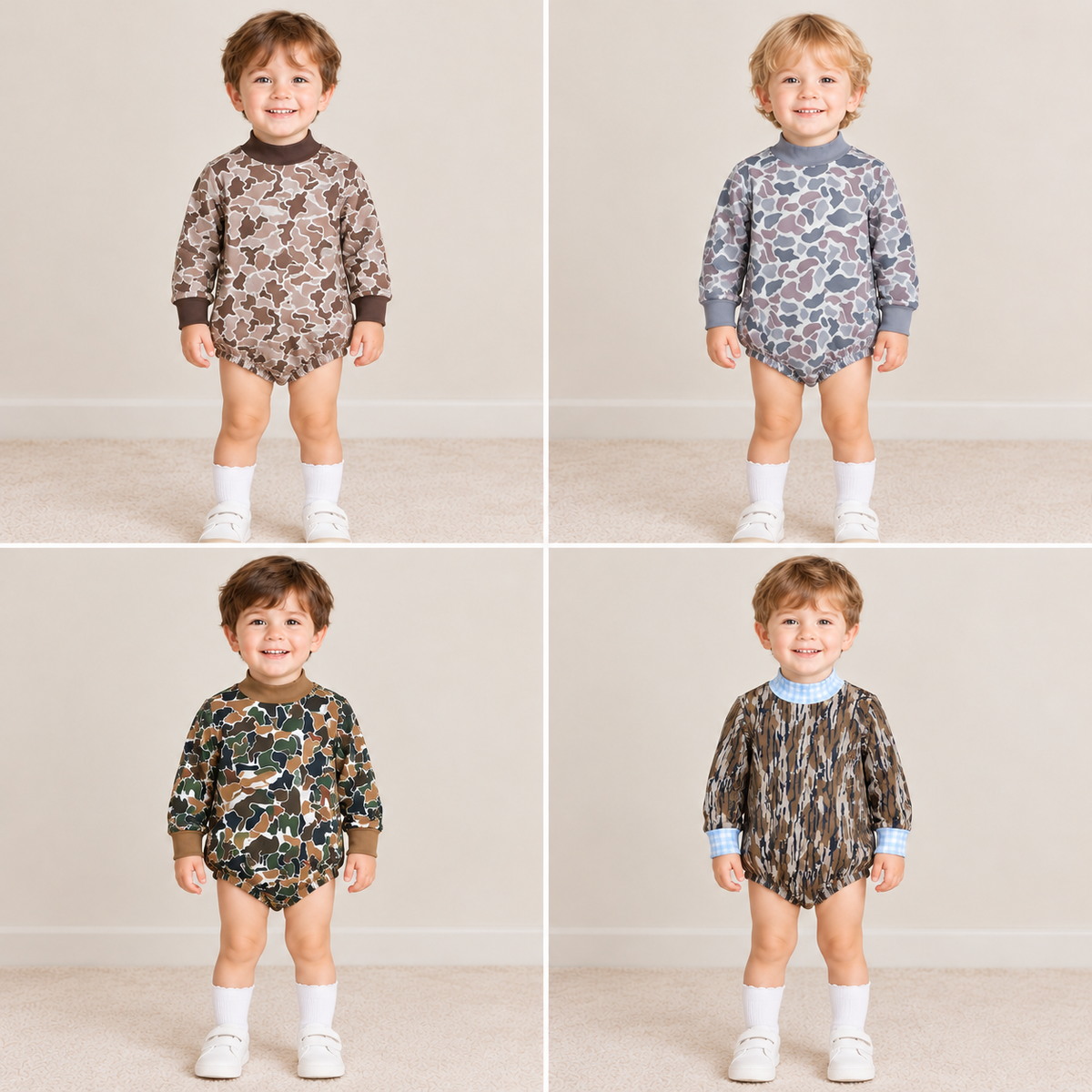 RTS NO MOQ Sibling milk silk High Neck Baby Boys Camo Print Long Sleeve Mock Neck Bubble Romper