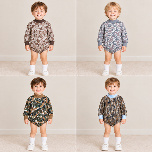 RTS NO MOQ Sibling milk silk High Neck Baby Boys Camo Print Long Sleeve Mock Neck Bubble Romper