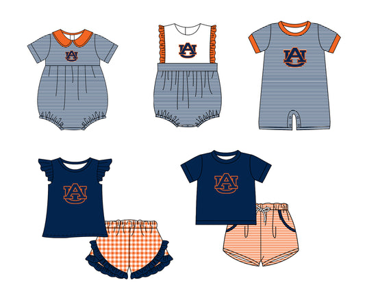 Custom moq 5 mix size milk silk summer teams Baby Boys And Girls Navy Blue Short-Sleeved Shirt And Shorts Set Matching Striped Rompers Outfit Set