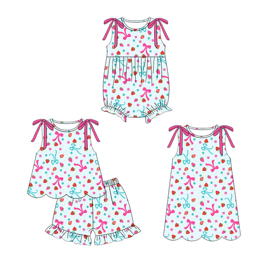 4.6 Custom moq 5 mix size Sibling Baby Girl's Bows Blue Sleeveless Top And Short Set Cute Romper Dress for Summer