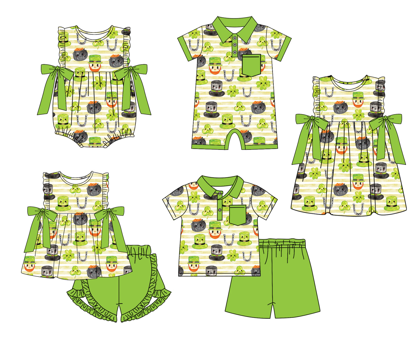 11.22 custom each style moq 5eta 4-6week Sibling Sister Four Leaf Clover baby girl short sleeve shorts sets and sets 2 and girls romper and boy romper and dress match design