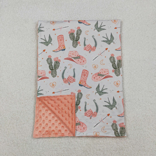 RTS NO MOQ（In Stock) BL0177 Cactus Cowboy Hat and Boots with Pink and Green Baby Blanket