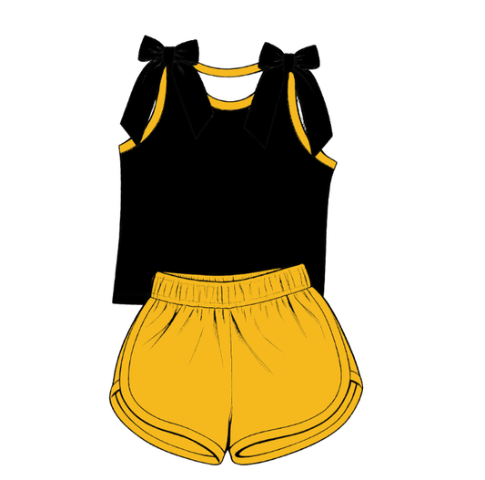 custom moq 5 mix size Baby Girls Black Bow Sleeveless Top Yellow Shorts Summer Casual Clothes Set