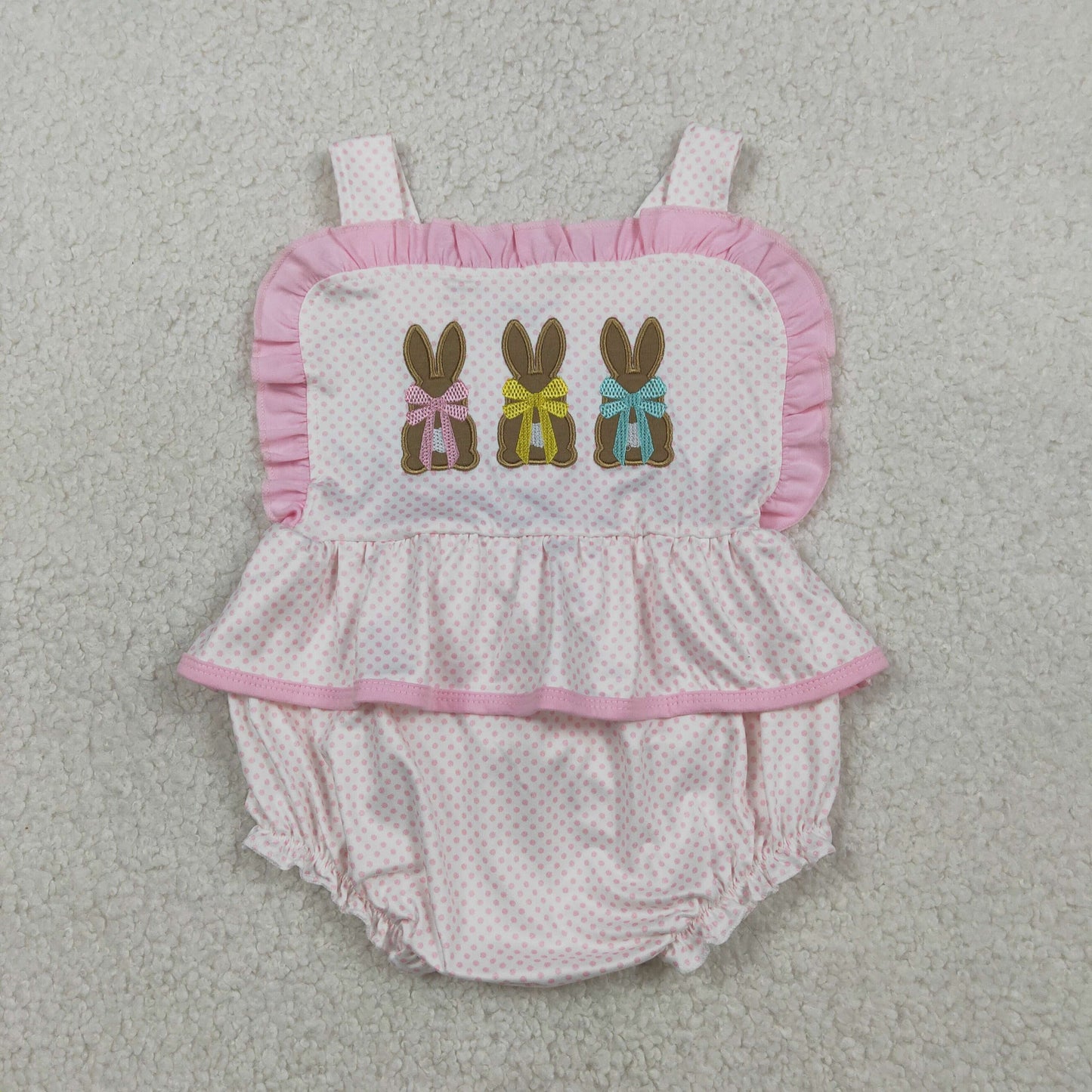 RTS NO MOQ（In Stock ) SR3477 Embroidered Easter Bunny Pink Lace Polka Dot Vest Jumpsuit